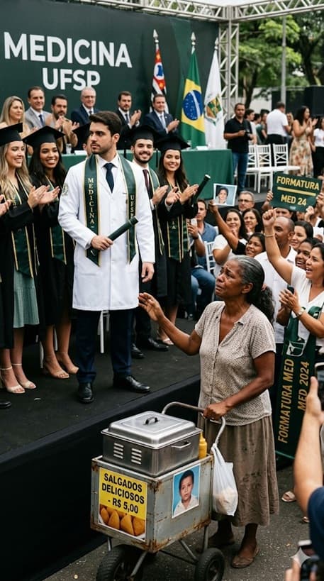 Durante mais de 30 anos, uma mãe humilde enfrentou o sol escaldante e as chuvas das ruas do Brasil vendendo salgados para sustentar o filho e realizar um único sonho: vê-lo formado, usando jaleco branco como médico. Mas quando esse dia finalmente chegou, o sucesso transformou o menino que ela criou com tanto sacrifício… e, diante de todos, ele fez o impensável: negou a própria mãe, como se sua origem fosse motivo de vergonha.