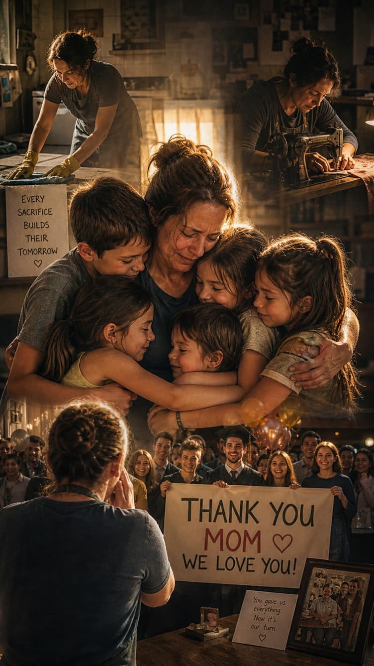 She cleaned strangers’ houses by day, stitched torn uniforms by night, and survived on stale bread so her 5 children could eat — For over 20 years, this single American mother fought exhaustion, poverty, and heartbreak alone… until the day her children revealed the life-changing surprise that left an entire town in tears