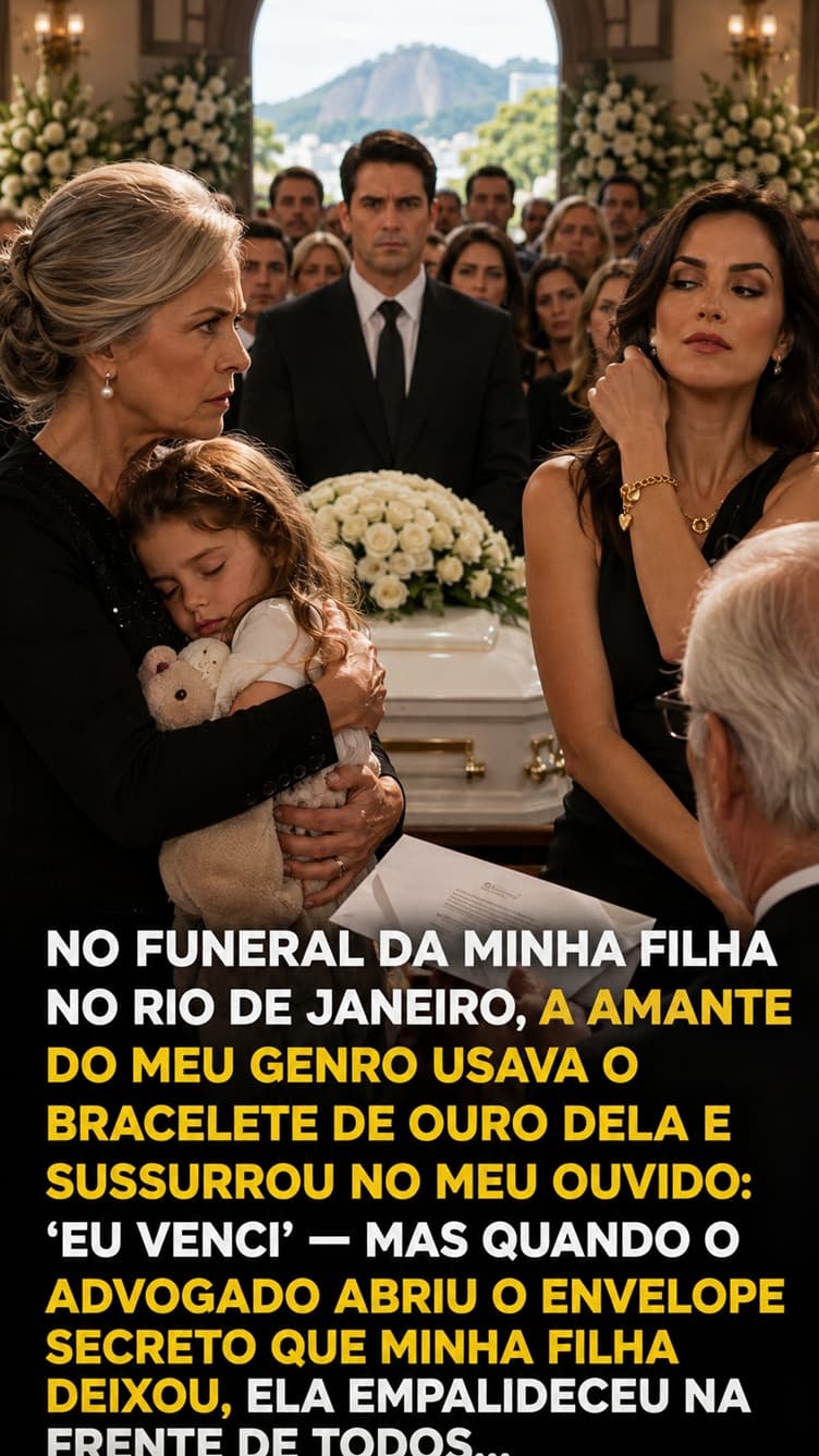 “NO FUNERAL DA MINHA FILHA NO RIO DE JANEIRO, A AMANTE DO MEU GENRO USAVA O BRACELETE DE OURO DELA E SUSSURROU NO MEU OUVIDO: ‘EU VENCI’ — MAS QUANDO O ADVOGADO ABRIU O ENVELOPE SECRETO QUE MINHA FILHA DEIXOU, ELA EMPALIDECEU NA FRENTE DE TODOS…”